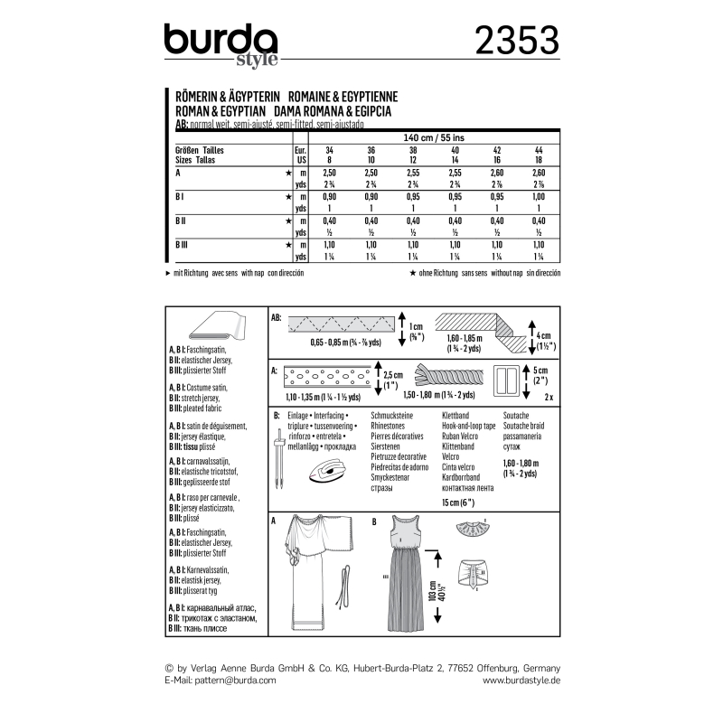 Patron Burda Carnaval 2353 - Déguisement Romaine et Egyptienne Femme