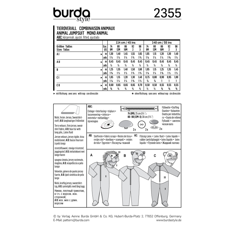 Patron Burda Carnaval 2355 - Déguisement Combinaison animaux bébé