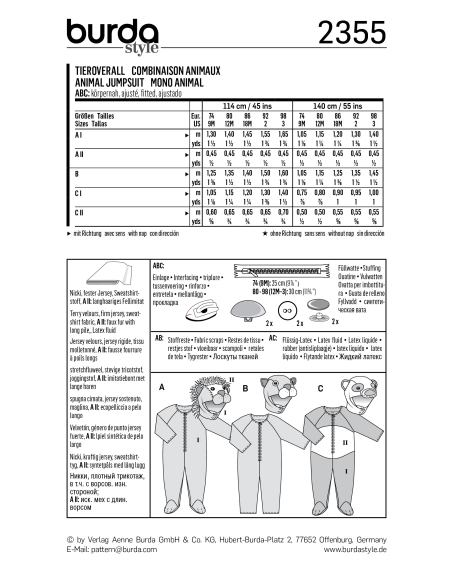 Patron Burda Carnaval 2355 - Déguisement Combinaison animaux bébé