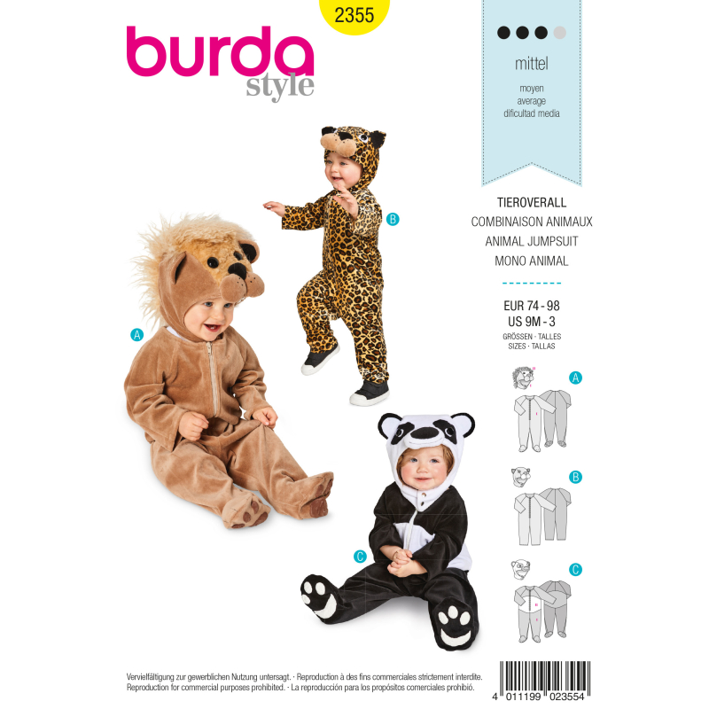 Patron Burda Carnaval 2355 - Déguisement Combinaison animaux bébé