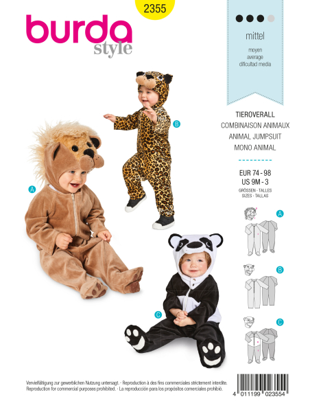Patron Burda Carnaval 2355 - Déguisement Combinaison animaux bébé