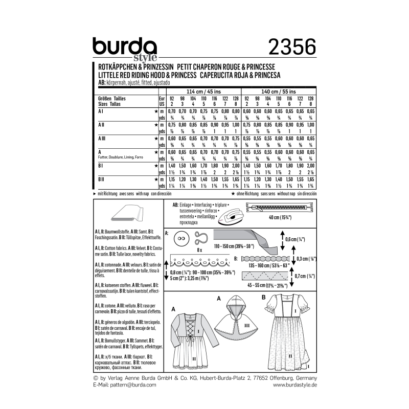 Patron Burda Carnaval 2356 - Déguisement Petit chaperon rouge et Princesse enfant