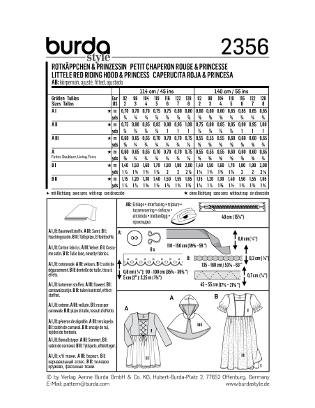 Patron Burda Carnaval 2356 - Déguisement Petit chaperon rouge et Princesse enfant