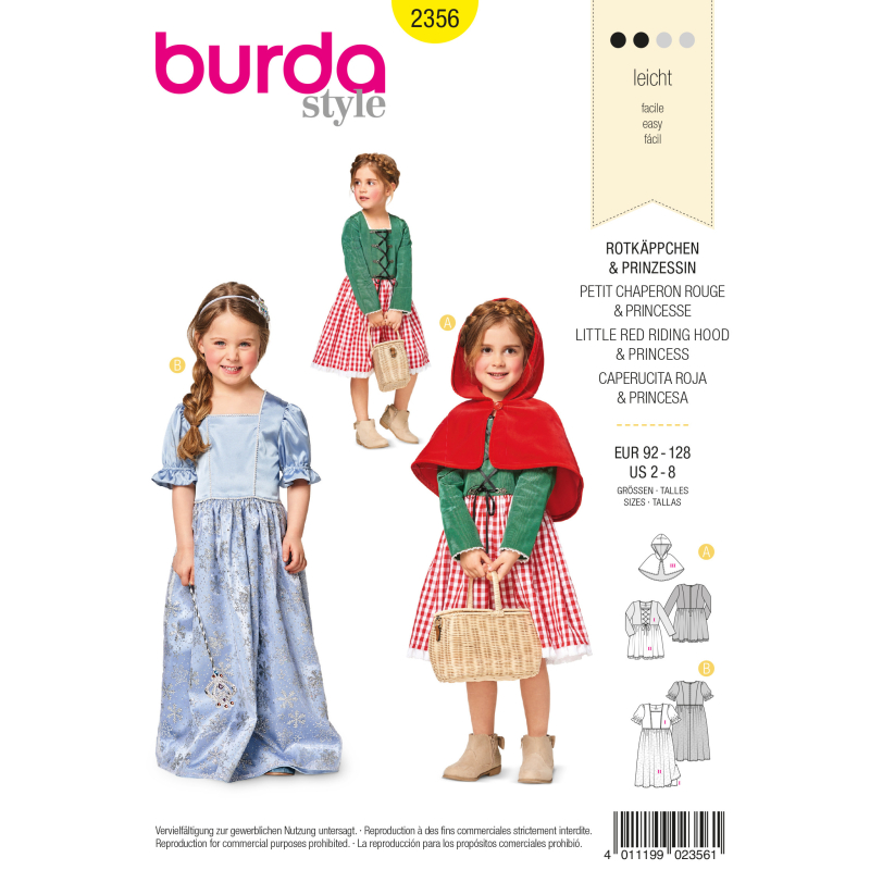 Patron Burda Carnaval 2356 - Déguisement Petit chaperon rouge et Princesse enfant