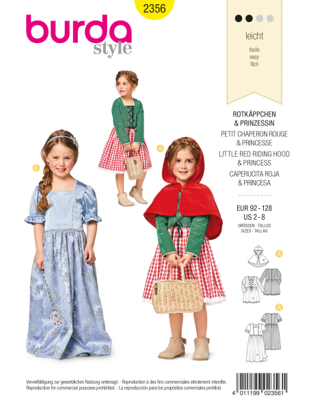 Patron Burda Carnaval 2356 - Déguisement Petit chaperon rouge et Princesse enfant