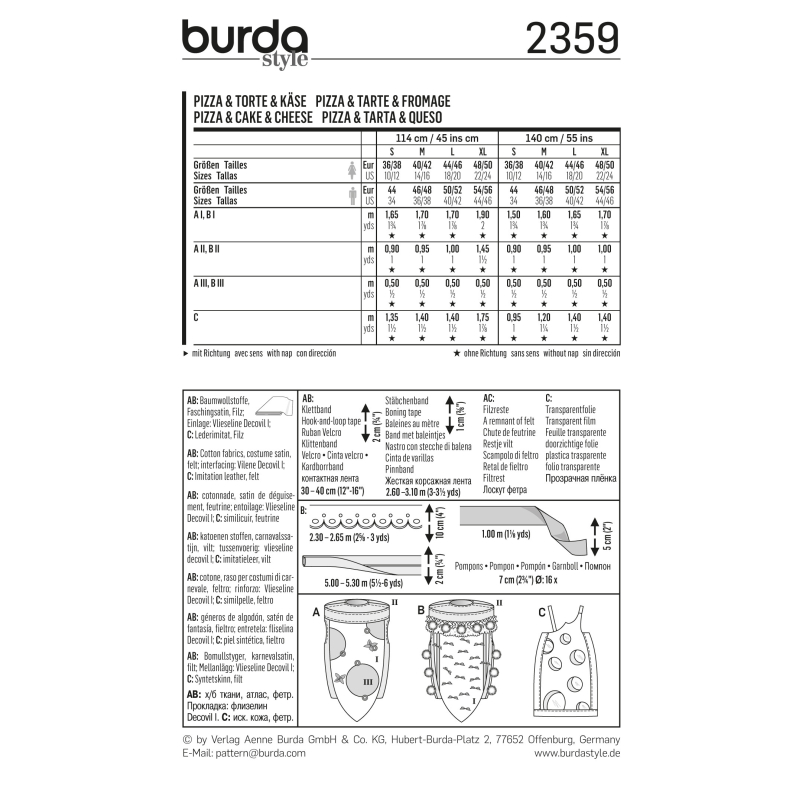 Patron Burda Carnaval 2359 - Déguisement Pizza, tarte et fromage Femme
