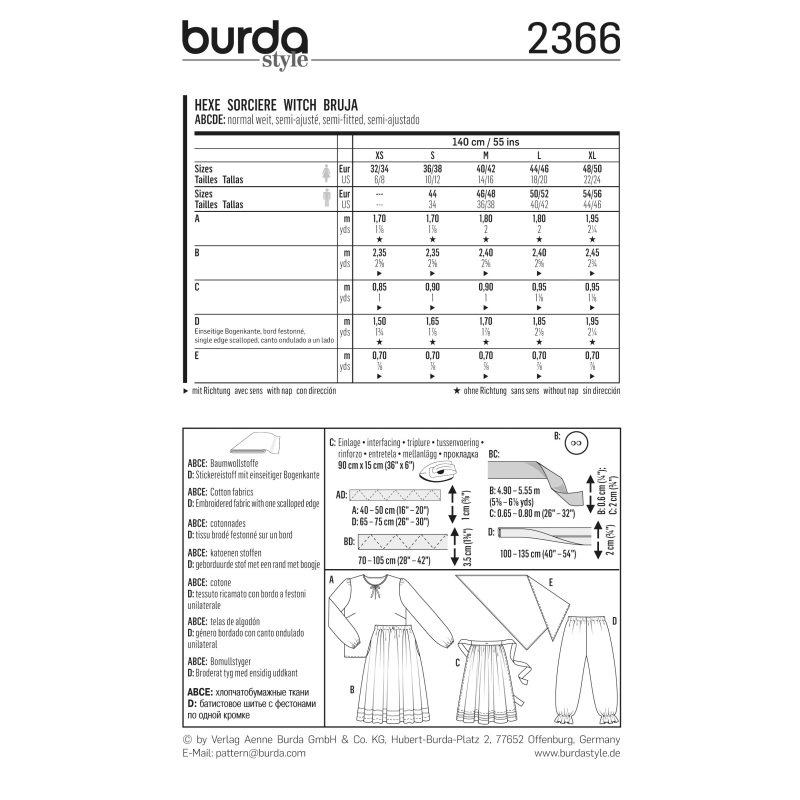 Patron Burda Carnaval 2366 - Déguisement Sorcière Adulte Mixte