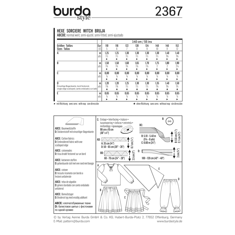 Patron Burda Carnaval 2367 - Déguisement Sorcière enfant