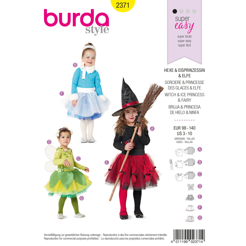 Patron Burda Carnaval 2371 - Déguisement de Sorcière, princesse des glaces et Elfe enfant