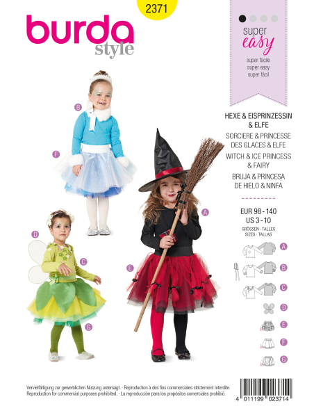 Patron Burda Carnaval 2371 - Déguisement de Sorcière, princesse des glaces et Elfe enfant