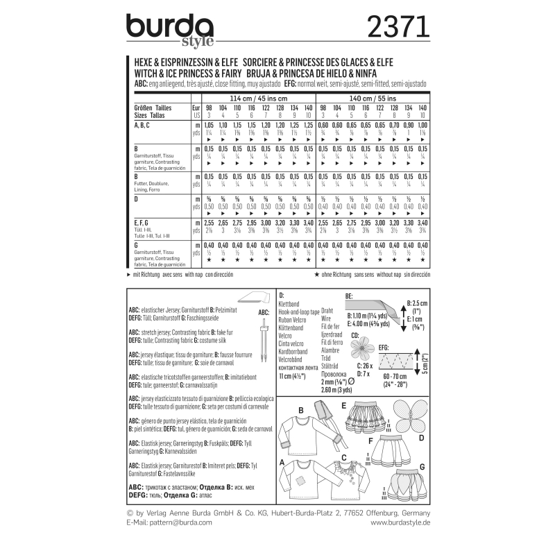 Patron Burda Carnaval 2371 - Déguisement de Sorcière, princesse des glaces et Elfe enfant