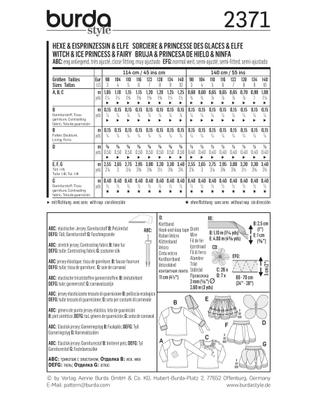Patron Burda Carnaval 2371 - Déguisement de Sorcière, princesse des glaces et Elfe enfant