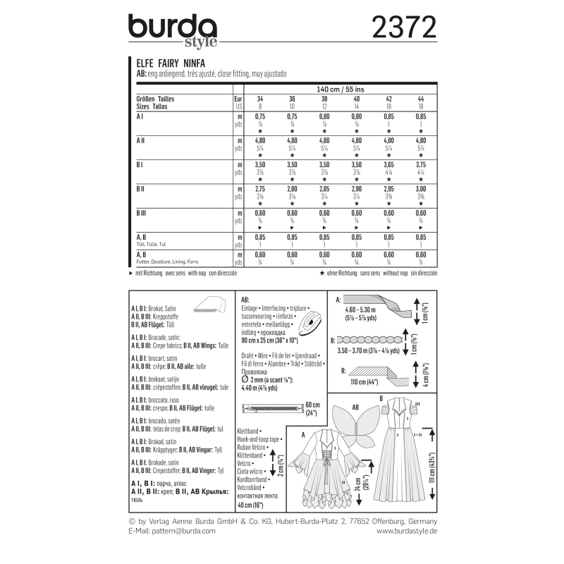 Patron Burda Carnaval 2372 - Déguisement Elfe et Fée Femme