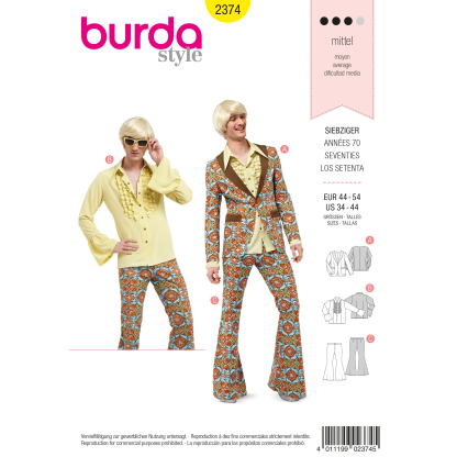 Patron Burda Carnaval 2374 - Déguisement Années 70 Homme