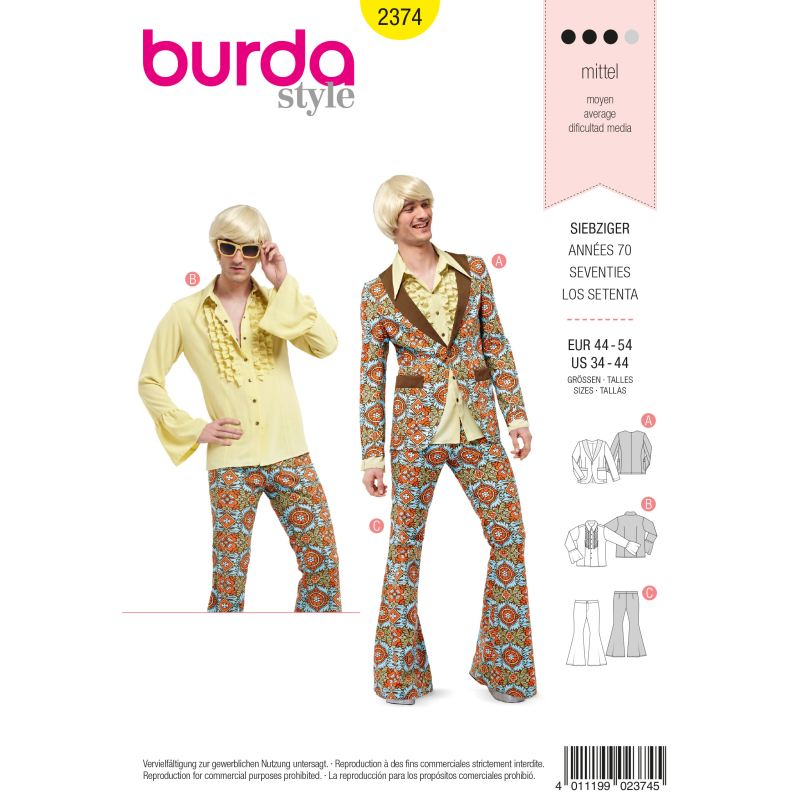 Patron Burda Carnaval 2374 - Déguisement Années 70 Homme