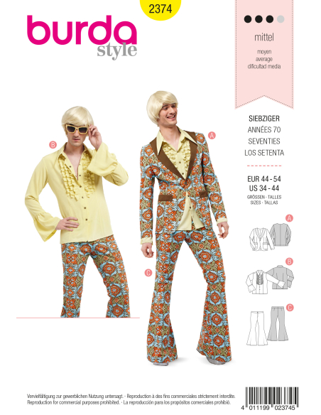 Patron Burda Carnaval 2374 - Déguisement Années 70 Homme