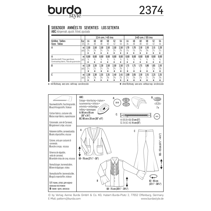 Patron Burda Carnaval 2374 - Déguisement Années 70 Homme