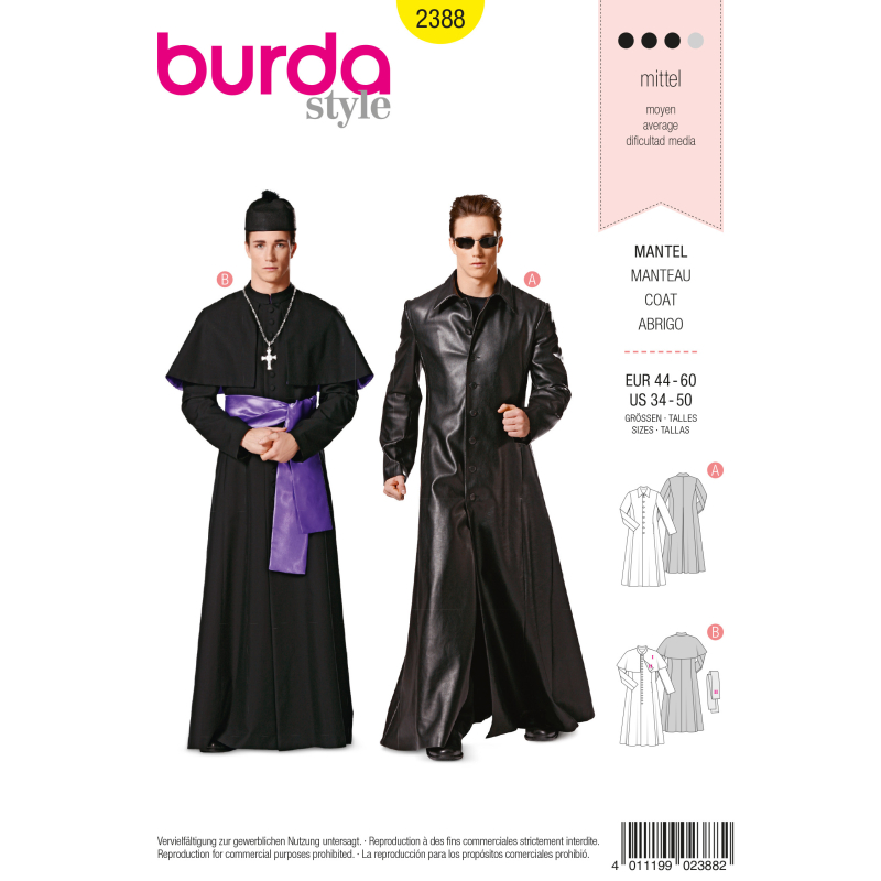 Patron Burda Carnaval 2388 - Déguisement Manteau Prêtre et Cosplay Homme