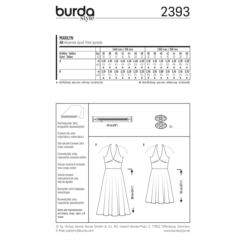 Patron Burda Carnaval 2393 - Déguisement Marilyn Femme