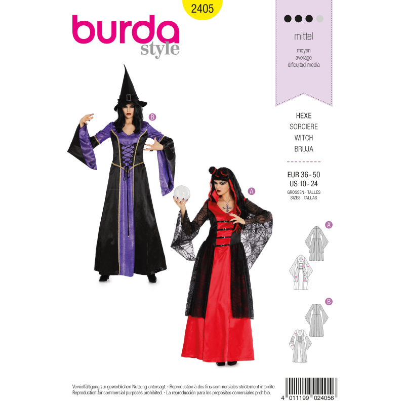 Patron Burda Carnaval 2405 - Déguisement Robe Moyen - âge, sorcière ou voyante Femme