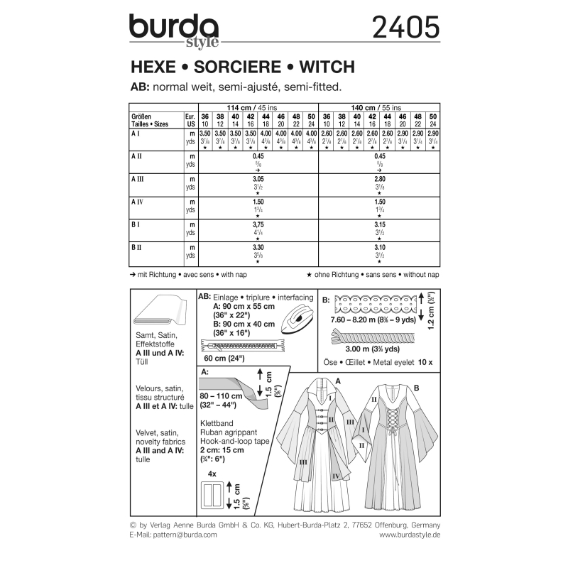 Patron Burda Carnaval 2405 - Déguisement Robe Moyen - âge, sorcière ou voyante Femme