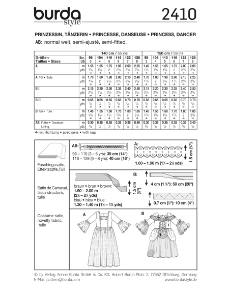 Patron Burda Carnaval 2410 - Déguisement Princesse et Danseuse enfant