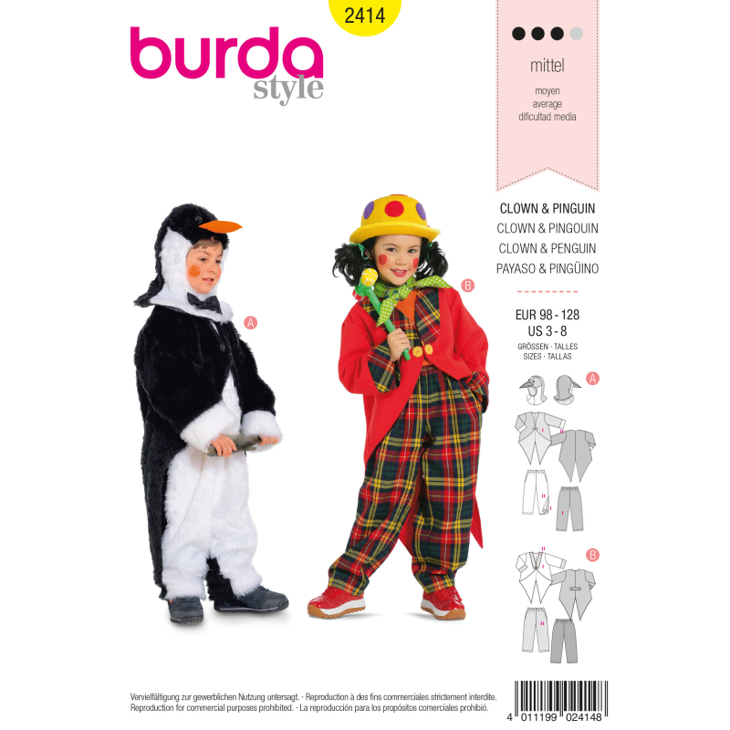 Patron Burda Carnaval 2414 - Déguisement Pingouin et Clown enfant