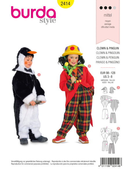Patron Burda Carnaval 2414 - Déguisement Pingouin et Clown enfant