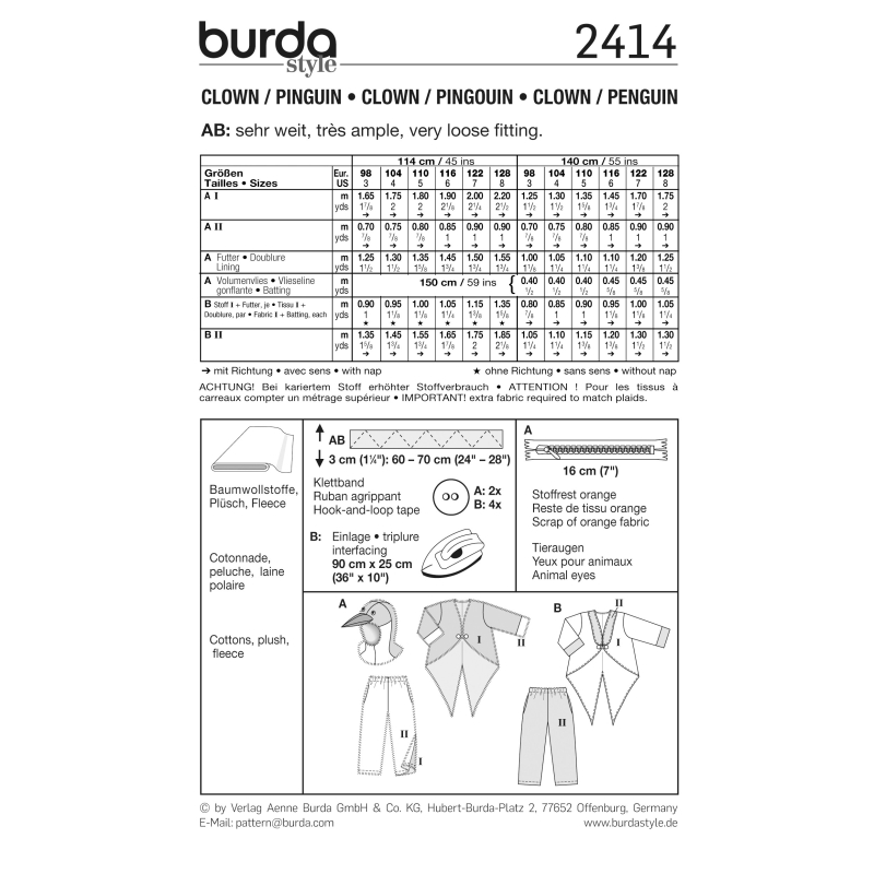 Patron Burda Carnaval 2414 - Déguisement Pingouin et Clown enfant