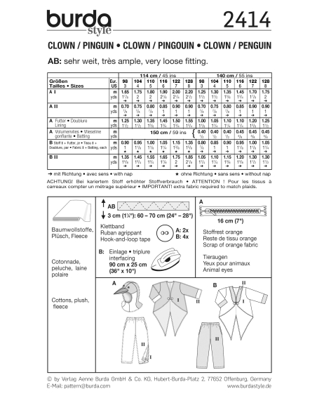 Patron Burda Carnaval 2414 - Déguisement Pingouin et Clown enfant