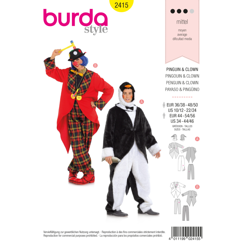Patron Burda Carnaval 2415 - Déguisement Pingouin & clown Adulte Mixte