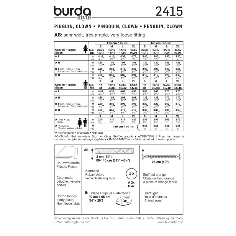 Patron Burda Carnaval 2415 - Déguisement Pingouin & clown Adulte Mixte