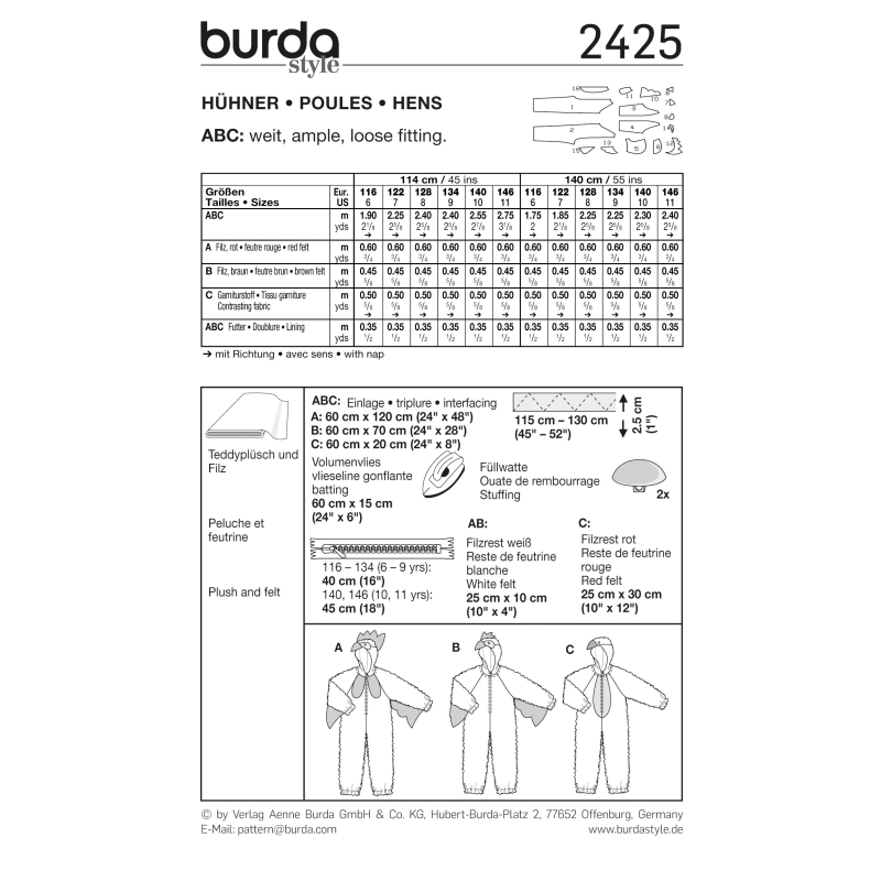 Patron Burda Carnaval 2425 - Déguisement Poule, poussin, coq enfant