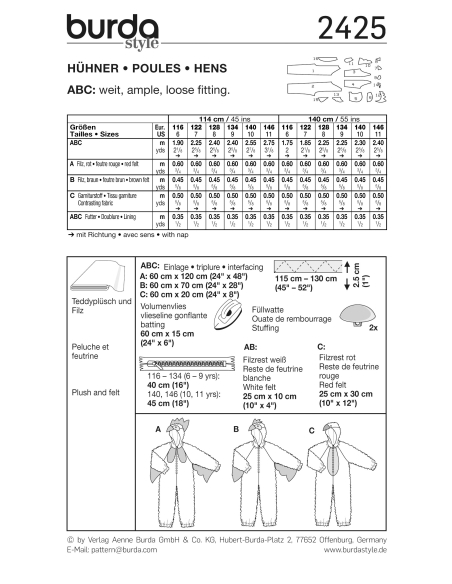 Patron Burda Carnaval 2425 - Déguisement Poule, poussin, coq enfant