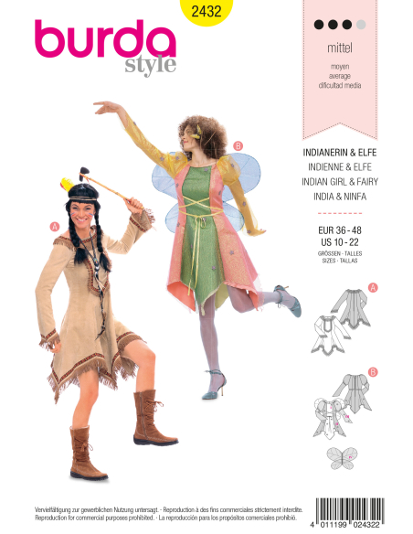 Patron Burda Carnaval 2432 - Déguisement indienne et elfe Femme