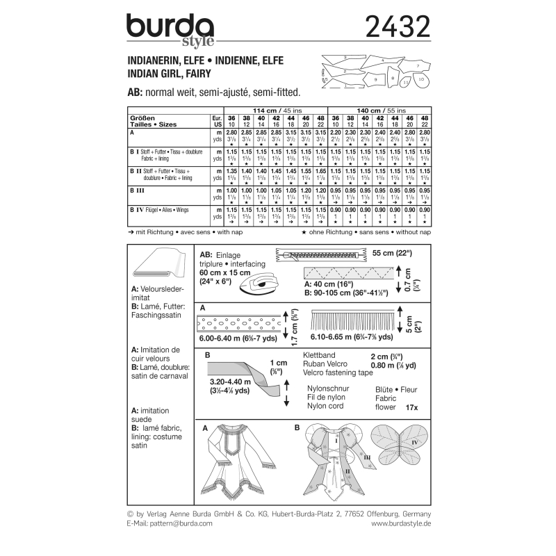 Patron Burda Carnaval 2432 - Déguisement indienne et elfe Femme
