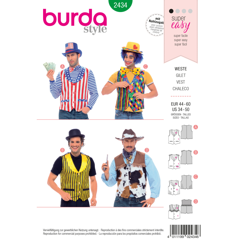 Patron Burda Carnaval 2434 - Déguisement Gilets Homme