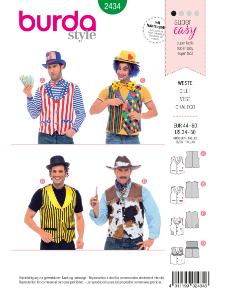 Patron Burda Carnaval 2434 - Déguisement Gilets Homme