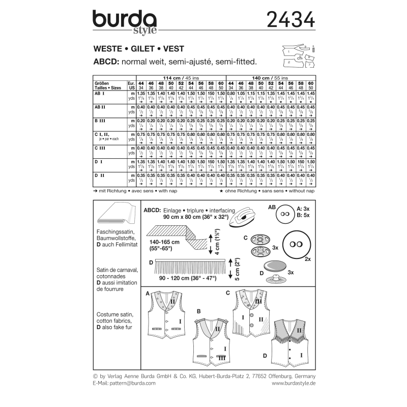 Patron Burda Carnaval 2434 - Déguisement Gilets Homme