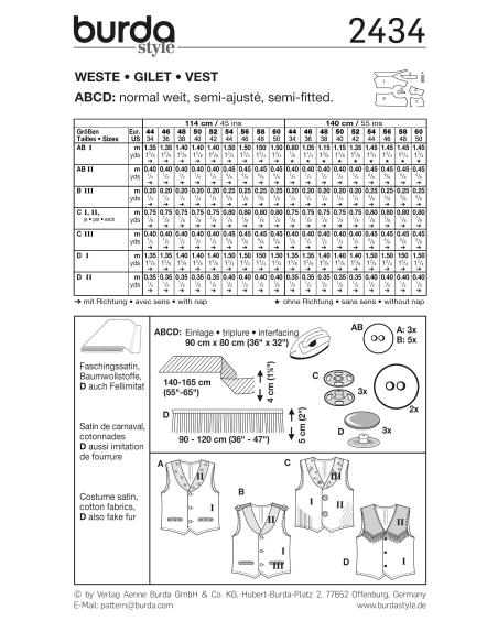 Patron Burda Carnaval 2434 - Déguisement Gilets Homme