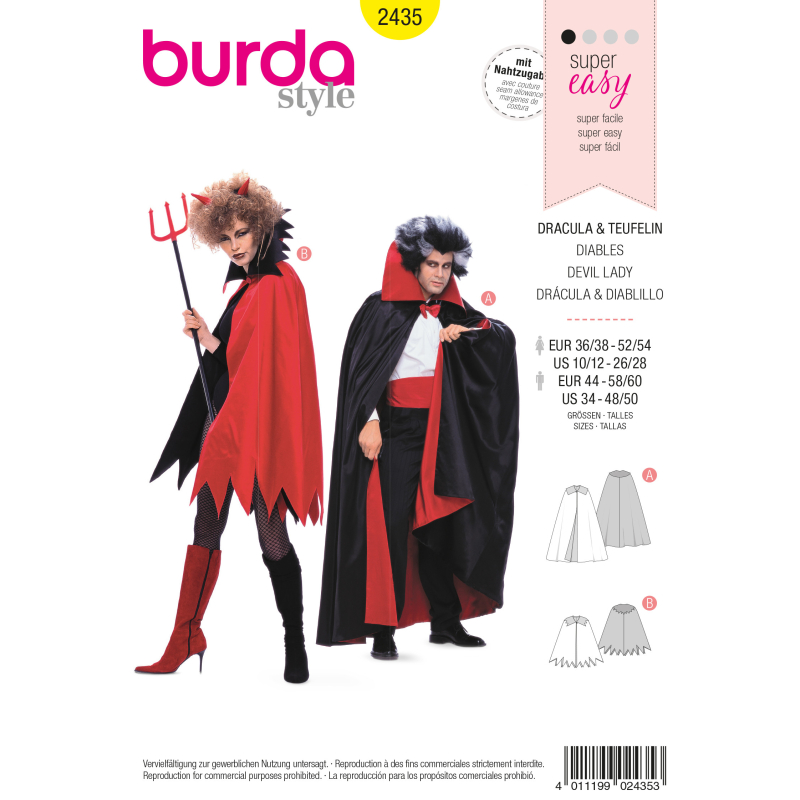 Patron Burda Carnaval 2435 - Déguisement Dracula, diablotine Adulte Mixte