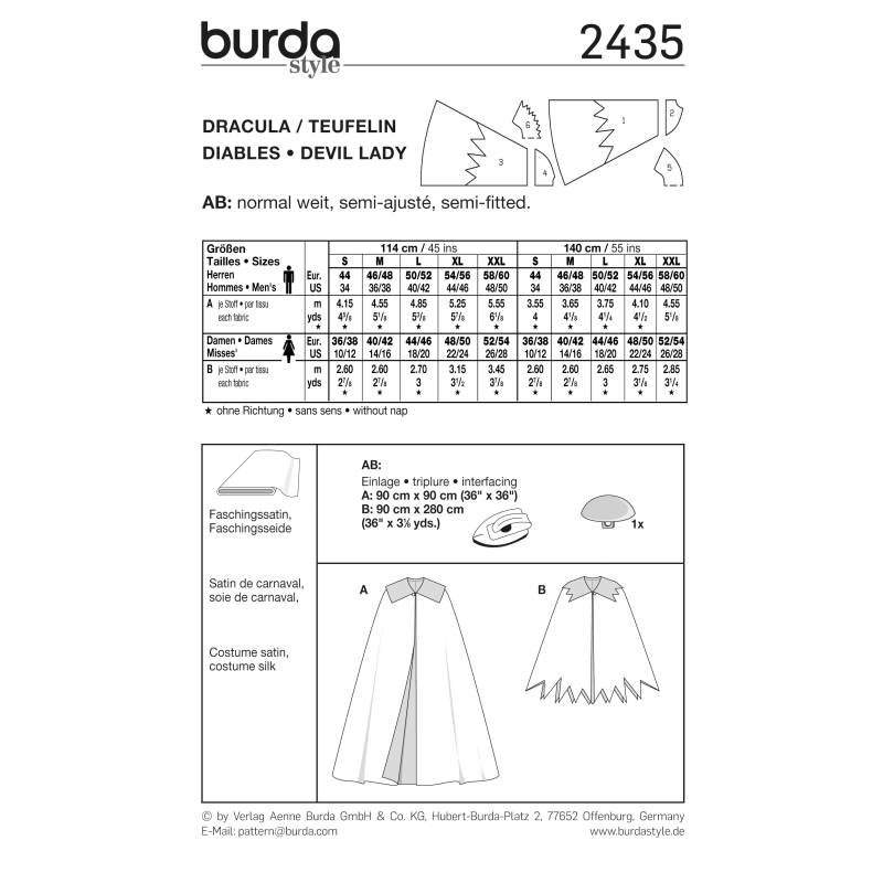 Patron Burda Carnaval 2435 - Déguisement Dracula, diablotine Adulte Mixte