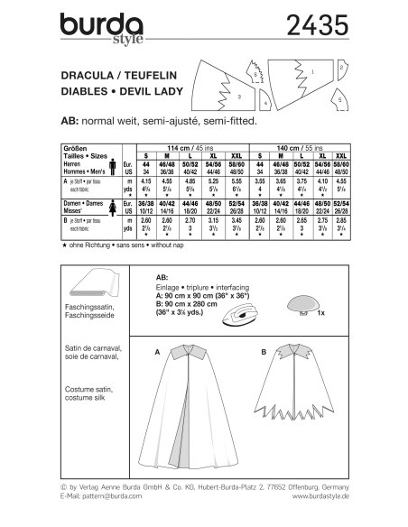 Patron Burda Carnaval 2435 - Déguisement Dracula, diablotine Adulte Mixte