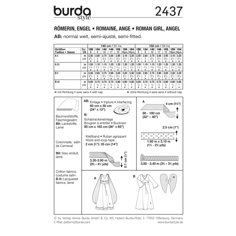 Patron Burda Carnaval 2437 - Déguisement Dame romaine et Ange enfant