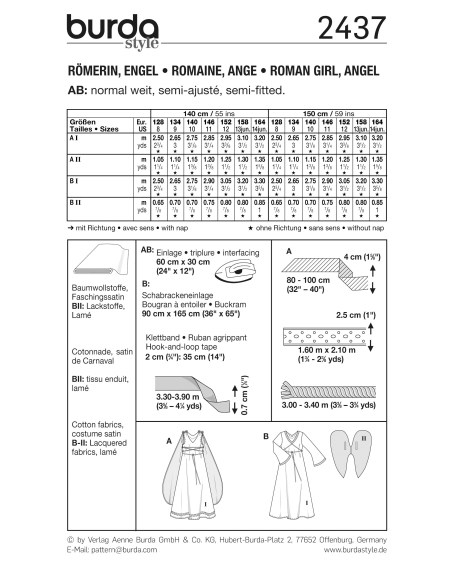 Patron Burda Carnaval 2437 - Déguisement Dame romaine et Ange enfant