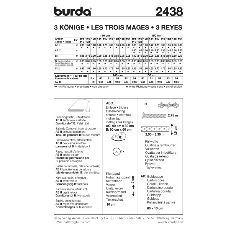 Patron Burda Carnaval 2438 - Déguisement Historique Les Rois Mages enfant