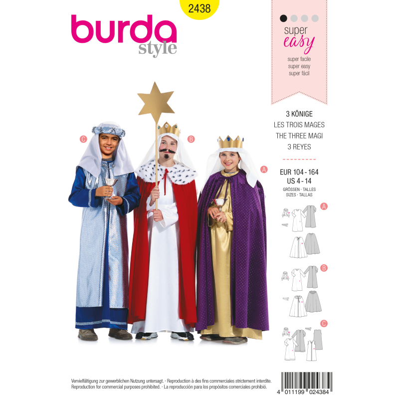 Patron Burda Carnaval 2438 - Déguisement Historique Les Rois Mages enfant