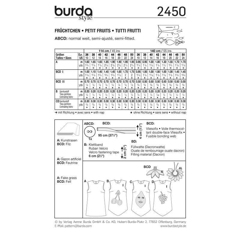 Patron Burda Carnaval 2450 - Déguisement Tutti Frutti Femme