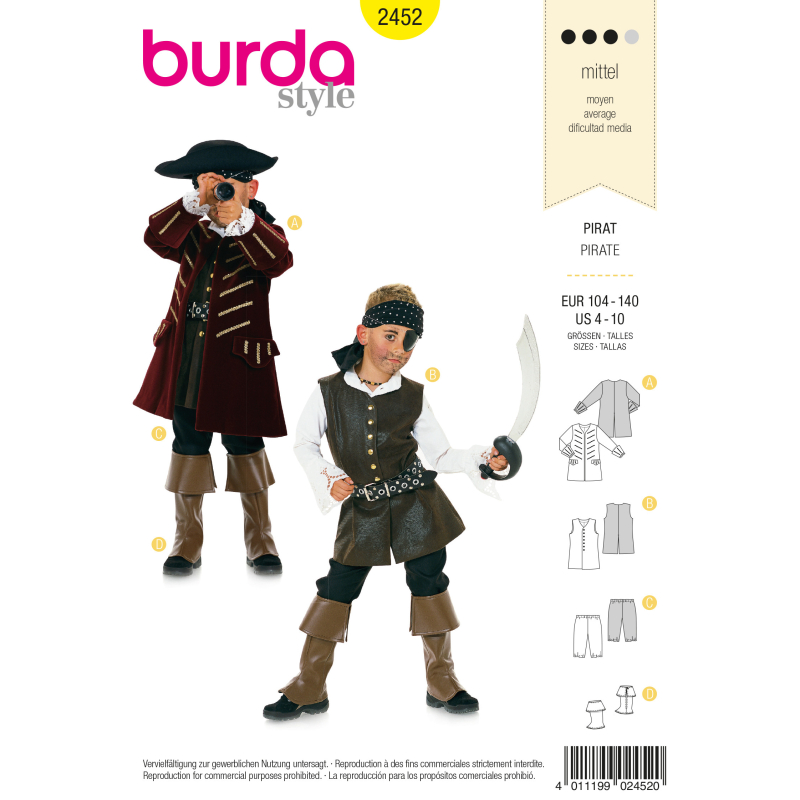 Patron Burda Carnaval 2452 - Déguisement Historique Pirate enfant