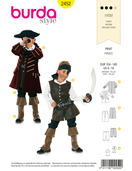 Patron Burda Carnaval 2452 - Déguisement Historique Pirate enfant
